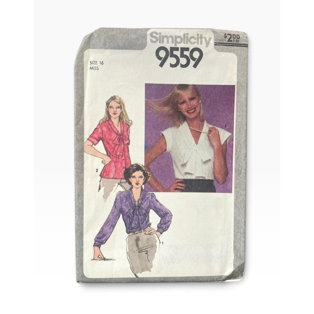 Simplicity 9559 Misses Blouse Size 16 Tie Collar Button Front 1980s Uncut FF